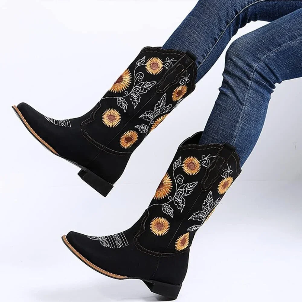 Women Black Mid-Calf Cowgirl Western Boots Embroidered Sunflower Low Heel